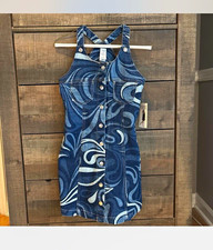 Truce Blue Cotton Denim Abstract Overall Dress Button-Front Pockets XL 16 picture