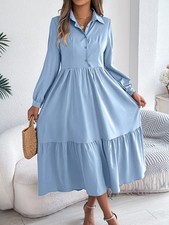 Women's Lapel Casual Loose Long Sleeve Ruffled Shirt Dresses Long Sleeved Turn-d picture