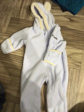 Columbia Fleece Hooded Bear Bunting Coverall Full Zip White 3-6 Months picture