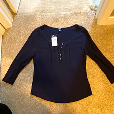 Chaps Women’s Navy Solid Cotton Knit Henley Button Accents 3/4 Sleeve L picture