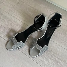 HERMES Joy Silver Jeweled Sandals Heel Ankle Strap Size:36 New picture