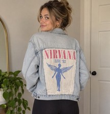 Upcycled GAP Women XL Blue Light Wash Denim Jean Jacket Nirvana Live '93 Graphic picture
