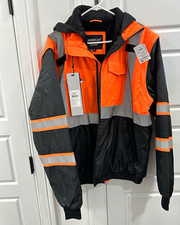 American Breed Work Jacket Orange/Black Reflective Hood Full Zip Pockets XL picture