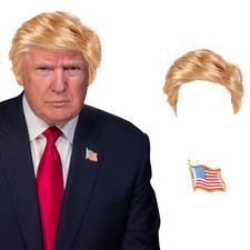 Funny Donald Trump Wig Costume Set W/ Flag Pin Blonde Political Candidate Wig picture