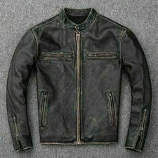 Men’s Motorcycle Biker Vintage Distressed Black Faded Real Leather Jacket picture
