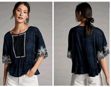 Anthropology Pilcro Women's Short Orchid Embroidered Sleeves  Navy Top Size XS  picture