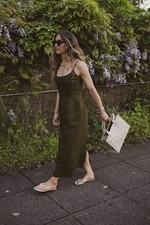 Quince Women's 100% European Linen Scoop Neck Midi Dress Martini Olive Green L picture