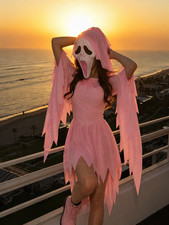 Pink Hooded Ghost Costume Dress with Mask Women's Halloween Cosplay Outfit picture