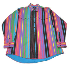 Vintage Wrangler Brushpopper Shirt Mens 17.5 35 Pink Blue Stripe Western Rodeo picture