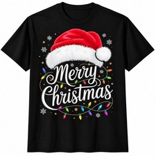 Merry Christmas Shirt Santa Hat Christmas Lights Holiday Xmas Graphic Tee picture