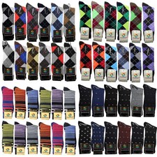 3-12 Pair Cotton Men Mens Cotton Argyle Striped Black  Mid Calf Crew Dress Socks picture