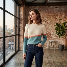 Saint James Wool Sweater Colorblock Blue White Orange Made in France 1181 picture