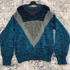 Vtg Sears Roebuck Men's M Hand Knit Chunky Geometric Sweater Blue 80s Academia picture