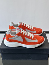 Prada America's Cup Men Orange Patent Leather & Mesh Lace-Up Sneakers White Sole picture