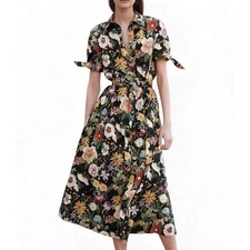 ZARA Poplin Belted Shirt Dress BLACK w/VIBRANT FLORAL COLORS Button-Up Midi SZ M picture