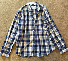 Nautica Men's XL Blue White Beige Plaid Long Sleeve Button-Down Shirt picture