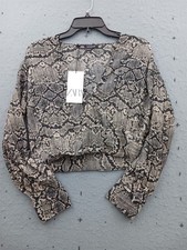 Zara Women Size S Snakeskin Pleated Wrap Crop Top Metallic Balloon Sleeve NWT picture