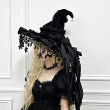 Velvet Witch Hat Lace Trim Moon Pendant Halloween Masquerade Cosplay Accessory picture