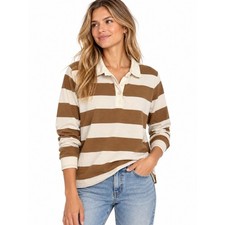 J.Crew Rugby Shirt Womens M Brown Cream Striped Long Sleeve Cotton Preppy Top picture