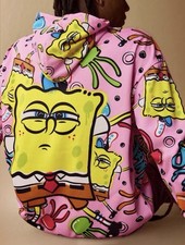 Men's Pink SpongeBob SquarePants Graphic Print Pullover Hoodie Pockets Size M picture