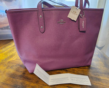 NWT Coach Crossgrain Leather City Tote Bag + Handmade Custom Bag Charm - Purple picture