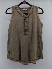 387 -ZENANA 5251 Color Washed Henley Tank top Tunic Raw Edge Exposed Seam Mocha picture