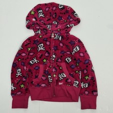 Vintage Y2K-style girl's Pink Skull & Stars plush fleece zip-up hoodie 4T picture