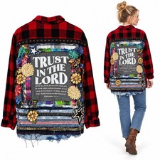 Upcycled Flannel Jacket Shacket Womens XL Christian Church Embroidered OOAK picture
