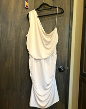 DKNY Ivory One Shoulder Cowl Neck Ruched Bodycon Knee-Length Dress Size 16 picture