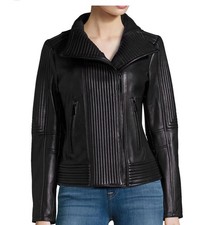 Vince Camuto Black Lambskin Quilted Leather Moto Jacket   Large picture