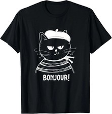 Bonjour - French Cat France Lover Francophile T-Shirt Sizes S-5XL picture