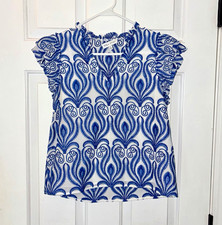 Willa Story Anthropologie Blue & White Geometric Ruffle Blouse Size S Women Boho picture
