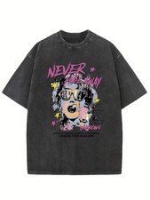 Y2K Oversized Washed Black Punk Girl Graphic Tee Vintage Grunge Streetwear Shirt picture