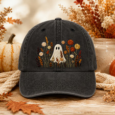 Halloween Ghost Embroidered Hat, Fall Autumn Baseball Cap, Spooky Season Boo Hat picture