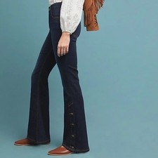 Pilcro Anthropologie High Rise Button Seam Flare Jeans Dark Wash Stretch Blue 27 picture