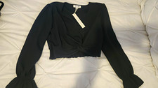 She + Sky Black Long Sleeve Twist Front Crop Top Smocked Back Size Small NWT picture