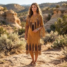 Women's Native American Western Suede Leather Long Wedding Dress Powwow Regalia picture
