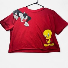 Looney Tunes Sylvester Tweety Bird Red Graphic Crop Top Shirt Large RN111647 picture