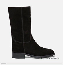 Santoni Black Suede Pull-On Mid-Calf Boots EU 37 US 6 Block Heel M picture