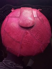 Vintage 1980s Pink Frog Skin Leather Round Ball Crossbody Purse Boho Rare picture