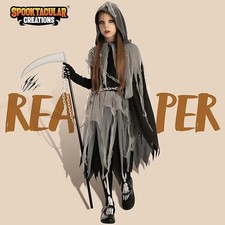 Girls Lg 10-12 Halloween Grim Reaper Costume Glow in Dark Gloves & Tights Scary picture