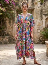 Boho 100% Cotton Kaftan Dress Women Summer Beach Maxi Plus Size Vintage Indian picture