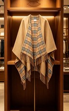 BURBERRY Reversible Check Wool Cape Camel Beige Nova Check Fringe 130x130cm picture
