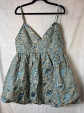 *LULUS*  Dreamlike Aura Slate Blue Floral Jacquard Bubble-Hem Mini Dress Size XL picture