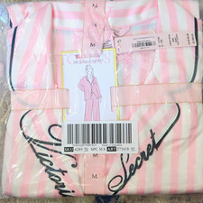 Victoria's Secret Satin 2pc Button Pajama Set M Pink/White Stripe Logo 27161891 picture