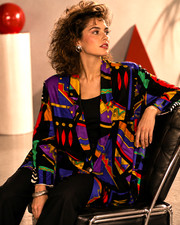 Vintage 80s Jo Hardin Memphis Milano Abstract Rayon Blazer Jacket USA Art Sz 16 picture