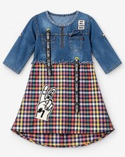Bana Womens Blue Denim Look Plaid High Low Dress 3/4 Sleeve picture