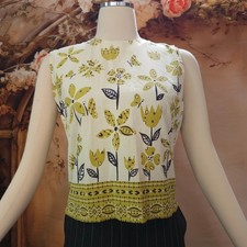 Vintage 1960s Blouse Top Shirt Floral Butterfly Shell  Button Back Green Cream picture