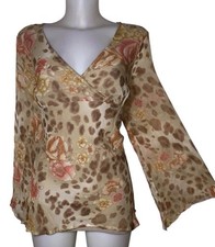 90s Y2k Women Brown Silk Floral Sheer Babydoll Top Sz L Cottagecore Boho Kawaii picture