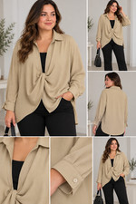 Beige Viscose Women's Blouse Size L – Elegant Draped Front, Long Sleeve, New picture
